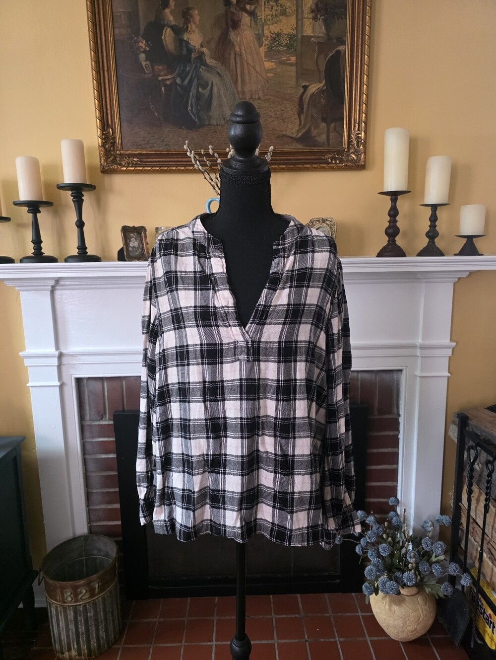 Black White Plaid Relaxed Popover Blouse